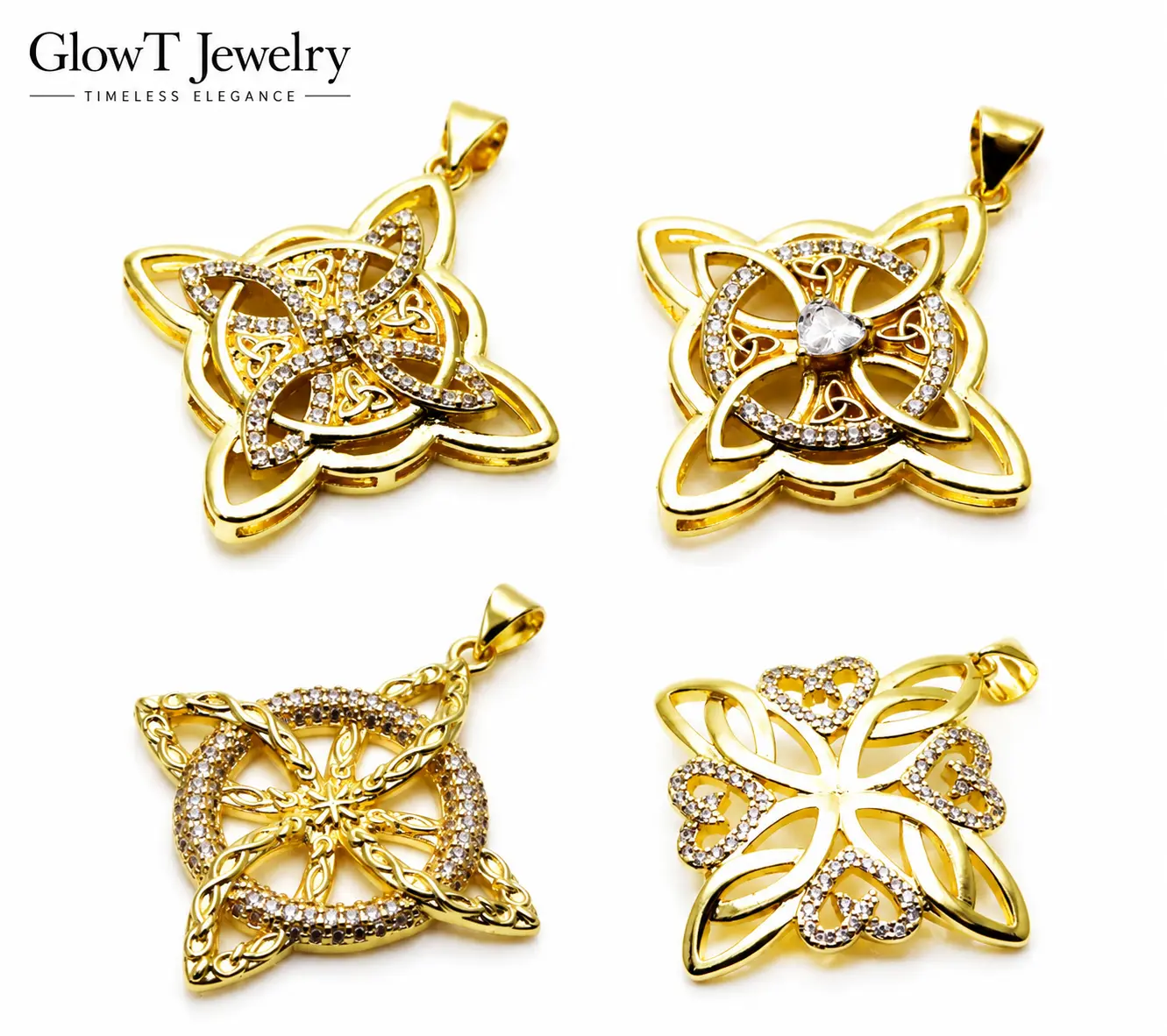 Women's 14K Gold Plated Micro Pave Cubic Zirconia Celtic Knot Charms Bulk - 4 Point Star, Irish Witch Knot, Trinity Heart Cross, 4 Leaf Clover Pendants for Jewelry Findings, St Patrick Day Gifts