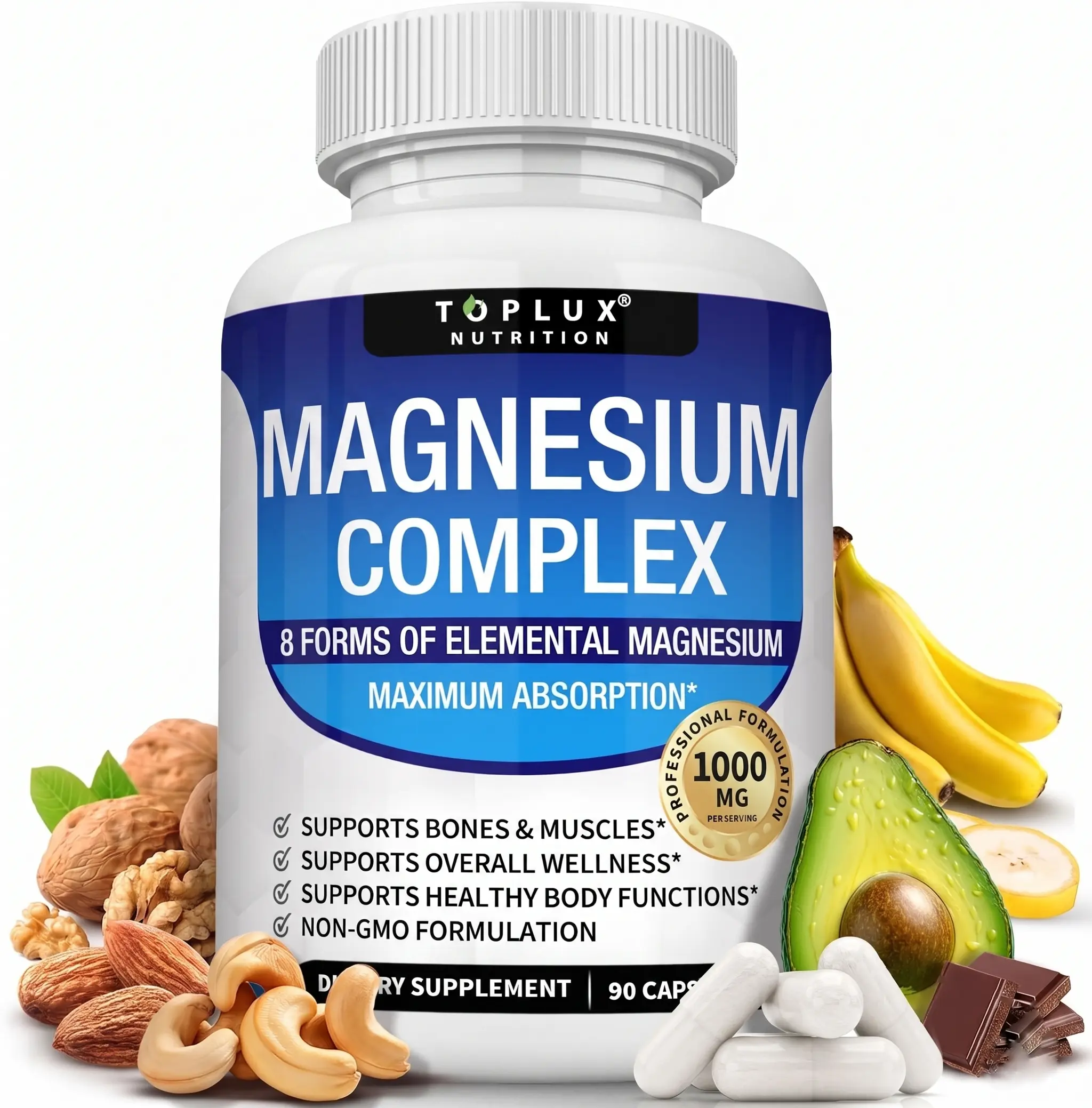 8 in 1 Full Spectrum Magnesium Complex Supplement 1000mg Chelated Magnesium Glycinate Citrate Malate Taurate for Maximum Absorption Muscle Recovery Bone Health Joint Support Sleep Calm Energy Relief Vegan Non GMO 90 Capsules