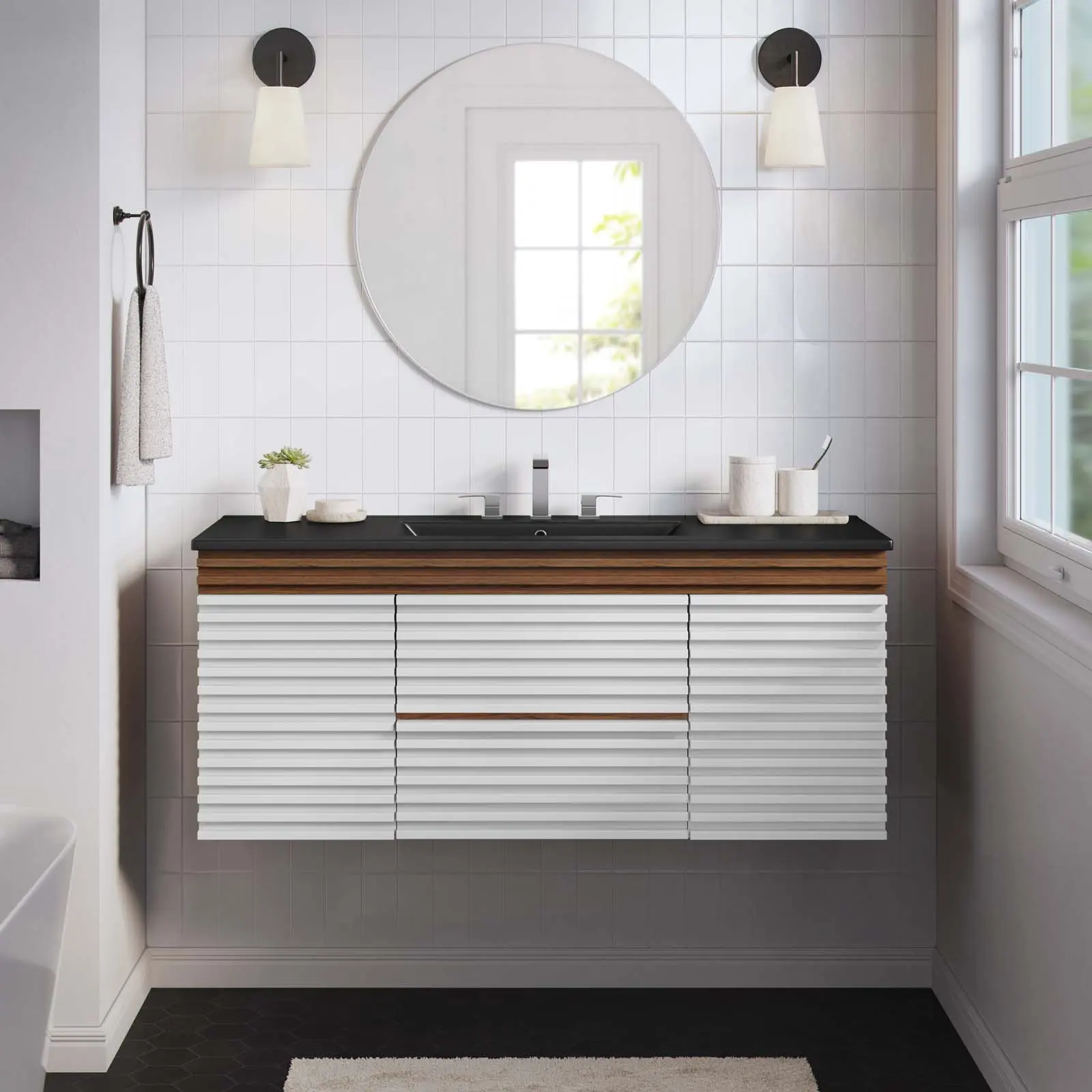 Modway Render 48" Wall-Mount Bathroom Vanity Cabinet, Modern Wall-Hanging Unit with 48" Ceramic Basin Top, White Walnut Black Finish, Adjustable Storage Space-Saving Design