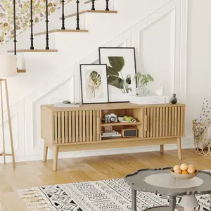 Boho Modern Media Console Table – TV Stand with Fluted Doors, Open Shelves & Storage Cabinet, Fits TVs up to 50 Inches – Natural Finish for Living Room