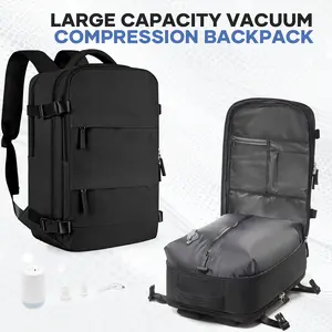 Vacuum travel backpack with pump, personal carry-on approved for flight  for women and men, compression work bag for laptop and casual backpack, available in black, green, and gray.