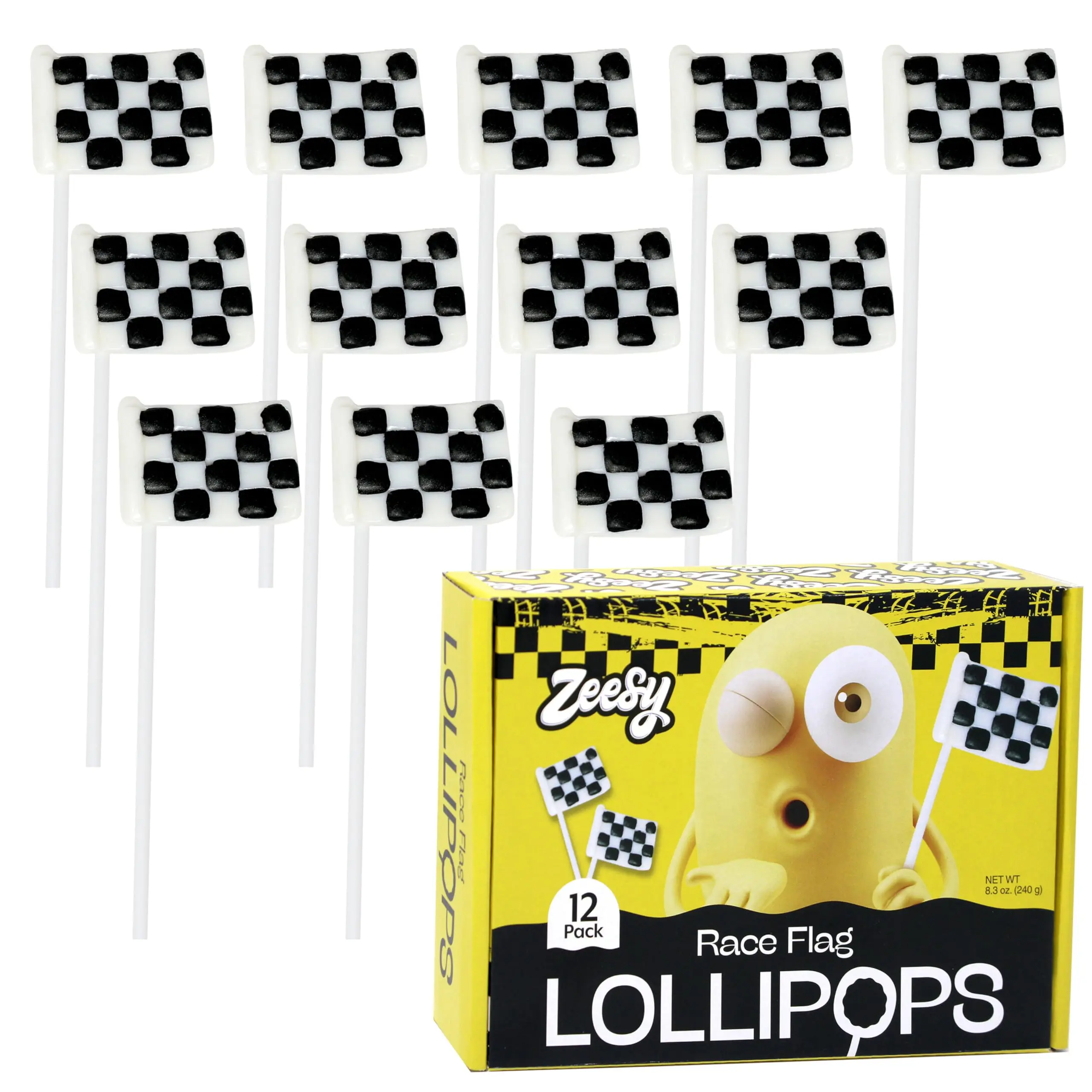 Zeesy Black & White Checkered Flag Lollipops - 12-Pack Individually Wrapped Sweet Candies, Race Car Party Snack for Birthday Celebrations, Happy Birthday