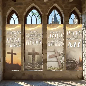 4 Pcs Religious Banners, Polyester Material Christian religious vertical banner set with classic scripture print cross crown of thorns pattern suitable for Easter church activity venue decor and home living room prayer corner wall hanging decoration