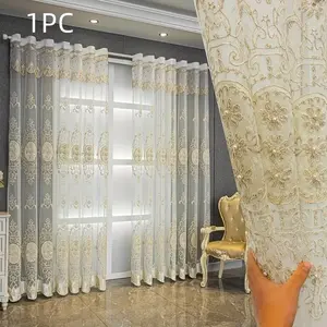 1pc French Luxurious Window Curtain, Elegant Embroidery & Pearl Accents, Soft Light Filtering, Perfect for Living Room & Dining Room