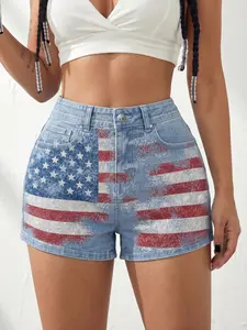 JR JEANIUS WEAR 2026 TikTok Shop US Gear Up For Memorial Day Jeanius Women’s High Waisted High Stretch Fitted High Elastic Wash Denim Shorts, Vintage American Flag Print, Button-Accented Stretchy Fabric for 4th of July Summer distressed jean comfortable