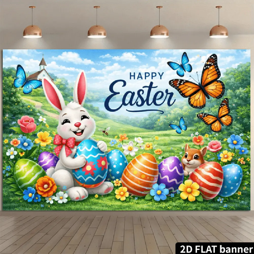 1PC 2D Flat Backdrop - Happy Easter Wishing Banner, Reusable Polyester Party Decoration Supplies with Cute Bunny, Colorful Eggs, Butterflies, Kids Party Photo Prop for Easter, Birthday