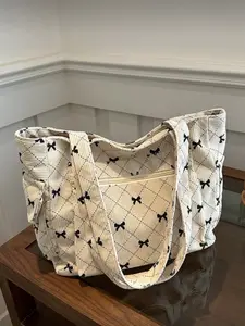 Retro casual bow pattern multi pocket tote bag, fashionable solid color corduroy material easy to match with single shoulder crossbody bag