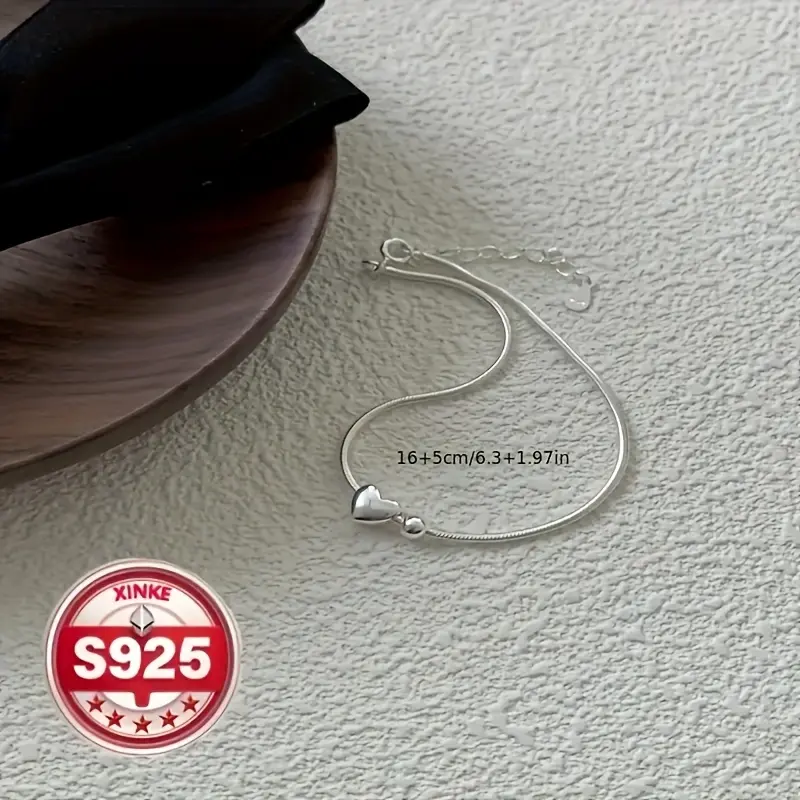 925 Sterling Silver Bracelet with Heart Accent, Minimalist Fashion Jewelry for Women, Thoughtful Pick for Weddings & Valentine's Day, Heart Accent Bracelets & Bangles, Birthday, Elegant, Female, Wedding Gift
