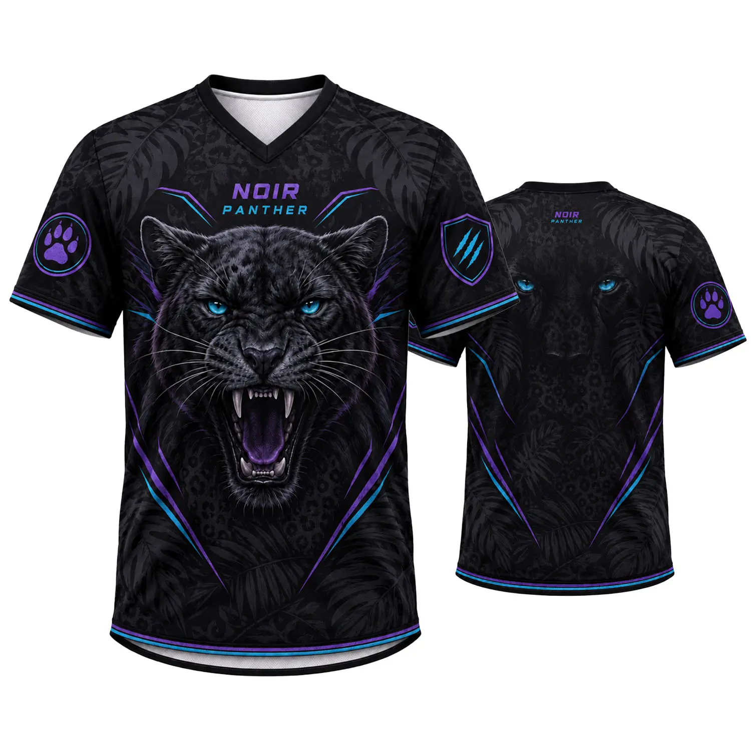 Noir Panther V-Neck Jersey, Men’s & Women’s Athletic Fashion Activewear - Black Roaring Panther Graphic Black Top, Neon Blue Purple Accents, Paw & Claw Sleeve Patches, Casual Sporty Fitted Daily Wear Sportswear Gym Daily Wear