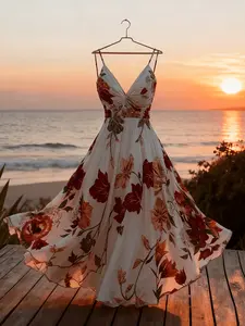 Women's Summer Floral Print Beach Vacation Dress, Sexy Elegant Waist Cinch Backless Midi Sundress, Casual Strapless Long Sleeve Top