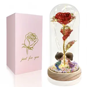 Valentine's Day simulation gilt roses, creative wooden base glass cover with couple dolls, AA battery power supply, gift box packaging suitable for Valentine's Day gifts, romantic night lights in home bedrooms Artificial Lavender Bouquet Plants