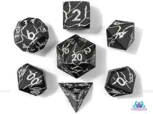 Silver Vein | Matte Black Lightning Bolt Silver Cracks Large Metal Dice Set (7)