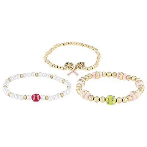 Jtv Gold Tone Tennis Charms Bracelet Set of 3 with Pearl Simulant, Enamel, and Shimmering Crystals, Casual Arm Candy Accessories, Crystal Gold Tone, Tennis Charms Stretch Bracelet, Unique Combination Of Lustrous Pearls