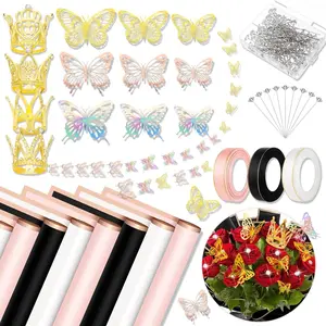Bouquet Wrapping Paper Kits - 60 Sheets Waterproof Floral Wrapping Paper (Black, Pink, Beige) with Ribbons, Flower Pins, 3D Butterflies & Crowns for Florists