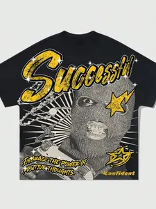 1pc Men's Black Successful Graphic T-Shirt Aesthetic Balaclava Portrait Print Heavyweight Cotton Oversized Short Sleeve Y2K Hip Hop Streetwear Tee