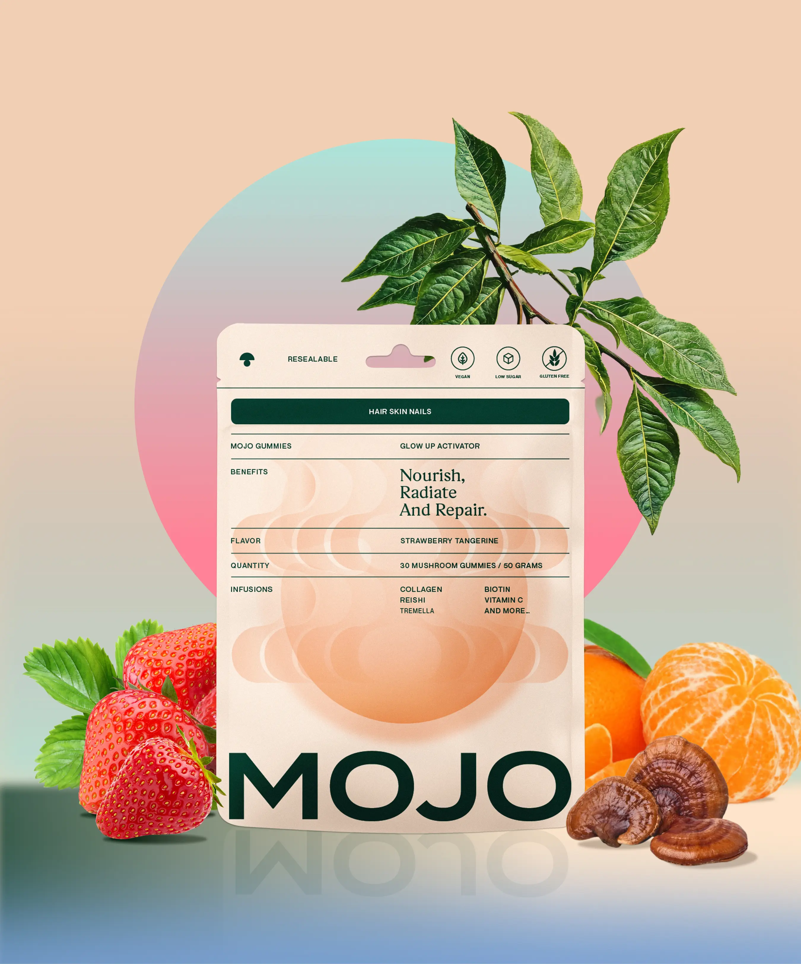 Mojo Hair Skin & Nails Gummies Collagen + Biotin Beauty Boost Strawberry Tangy Flavor 30 Gummies for Strong Nails Vibrant Hair Radiant Skin Healthcare Colagen Dietary Edible Fitness - Supplement