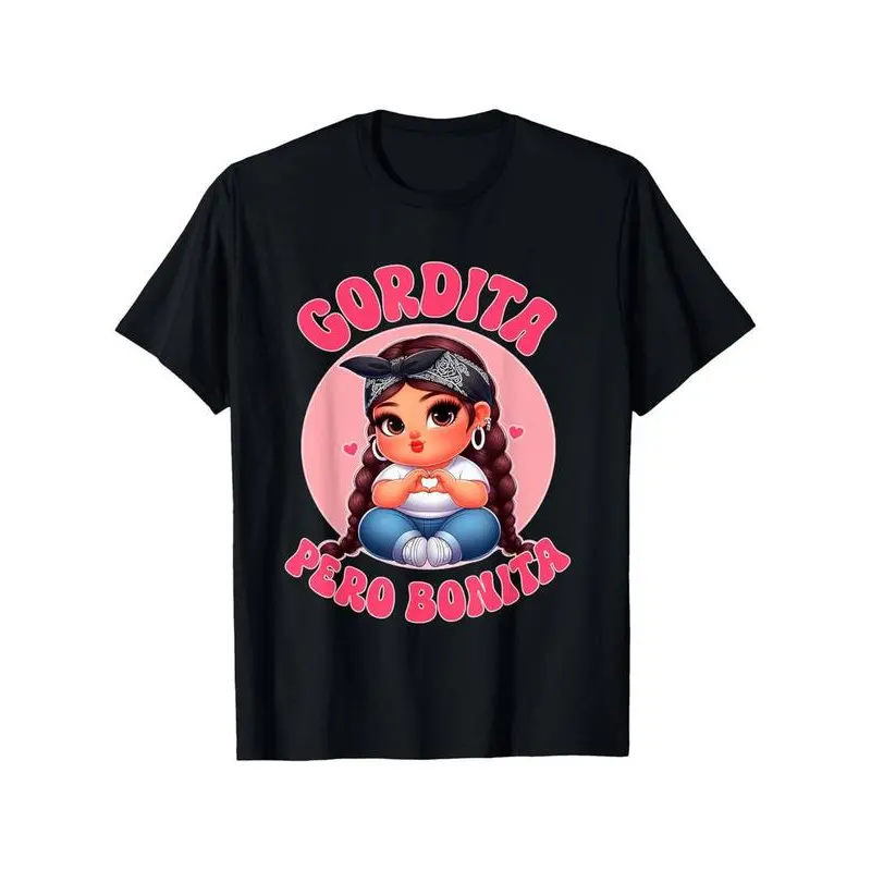 Women's Gordita Pero Bonita Graphic Top, Casual Cotton Streetwear with a Classic Fit, Funny Latina Birthday Gift with Double Needle Short Sleeves, Figure Print
