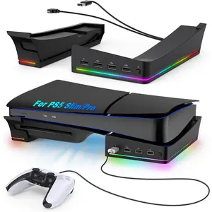 RGB Horizontal Stand for PS5 Pro / Slim Console Accessories with 14 Light Mode and 4 USB Hubs, Side Stand for  5 Pro / Slim Disc & Digital, Base Holder with Fast , Carbon Black