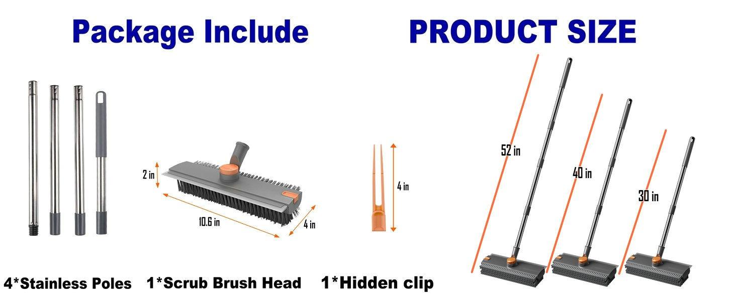 3 in 1 Floor Scrub Brush with 360° Rotating Head & 90° Corners Brush for Patio Shower Garage Deck Tile Concrete & Wood Surfaces Heavy-Duty Stiff Bristle Broom with Long Handle and Hidden Hair Clip - Wooden
