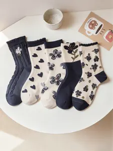 5 Pairs Floral Cashmere Socks, Versatile Women's Thermal Socks, Soft Mid-Crew Winter Socks Gift Set, EU36-39, Lady