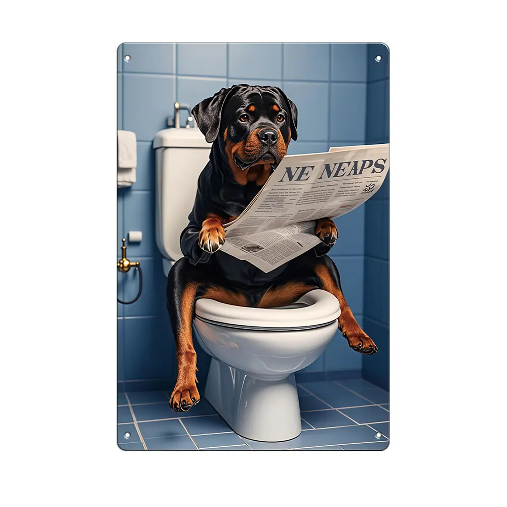 Palette&Wall Playful Comedy Animals Rottweiler on Toilet Lightweight Metal Tin Sign - 8x12in Vintage Humor Bathroom Wall Decor, Wall Mount Home Supply Plaque, Gift for Pet Lovers