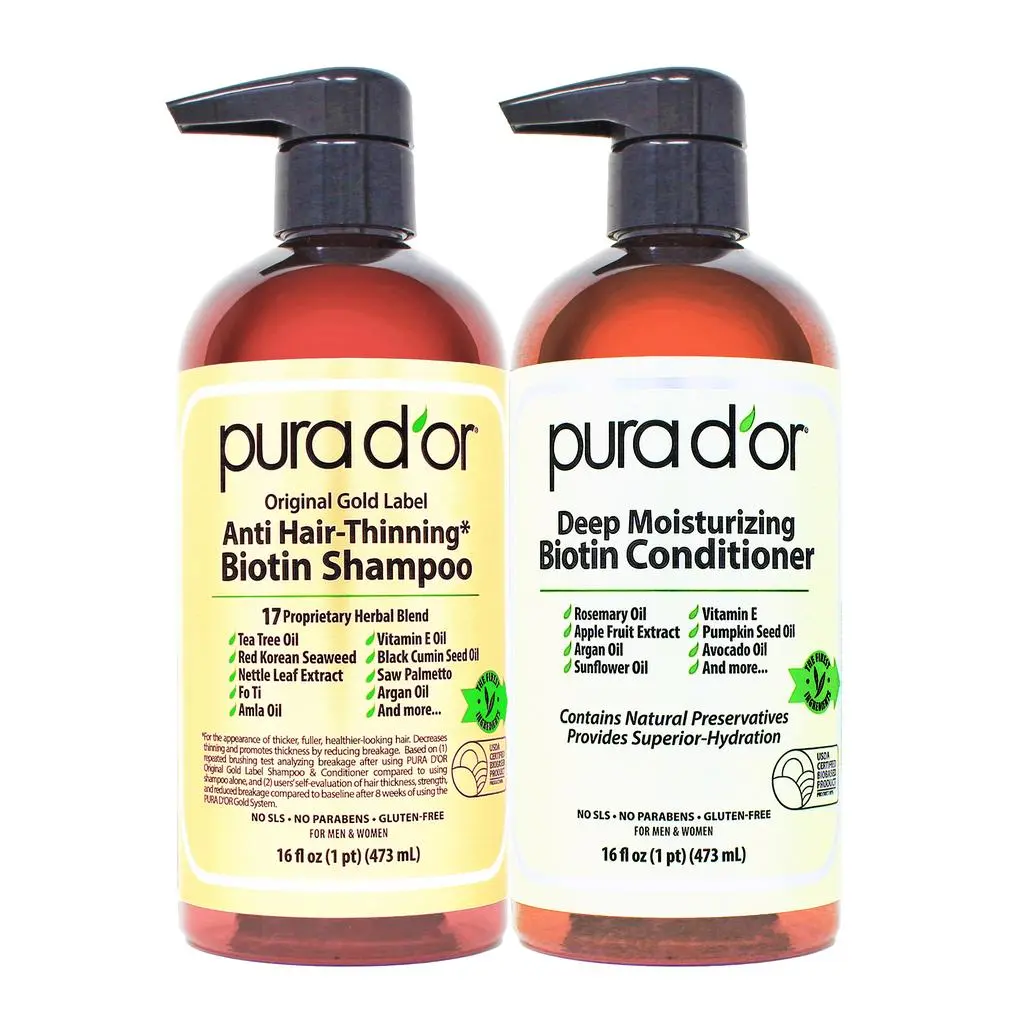 PURA D'OR Anti-Thinning Biotin Shampoo & Deep Moisturizing Conditioner –  Thinning Hair, Volumizing & Thickening Biotin Formula with Rosemary for Women & Men set x2 16oz(473ml)