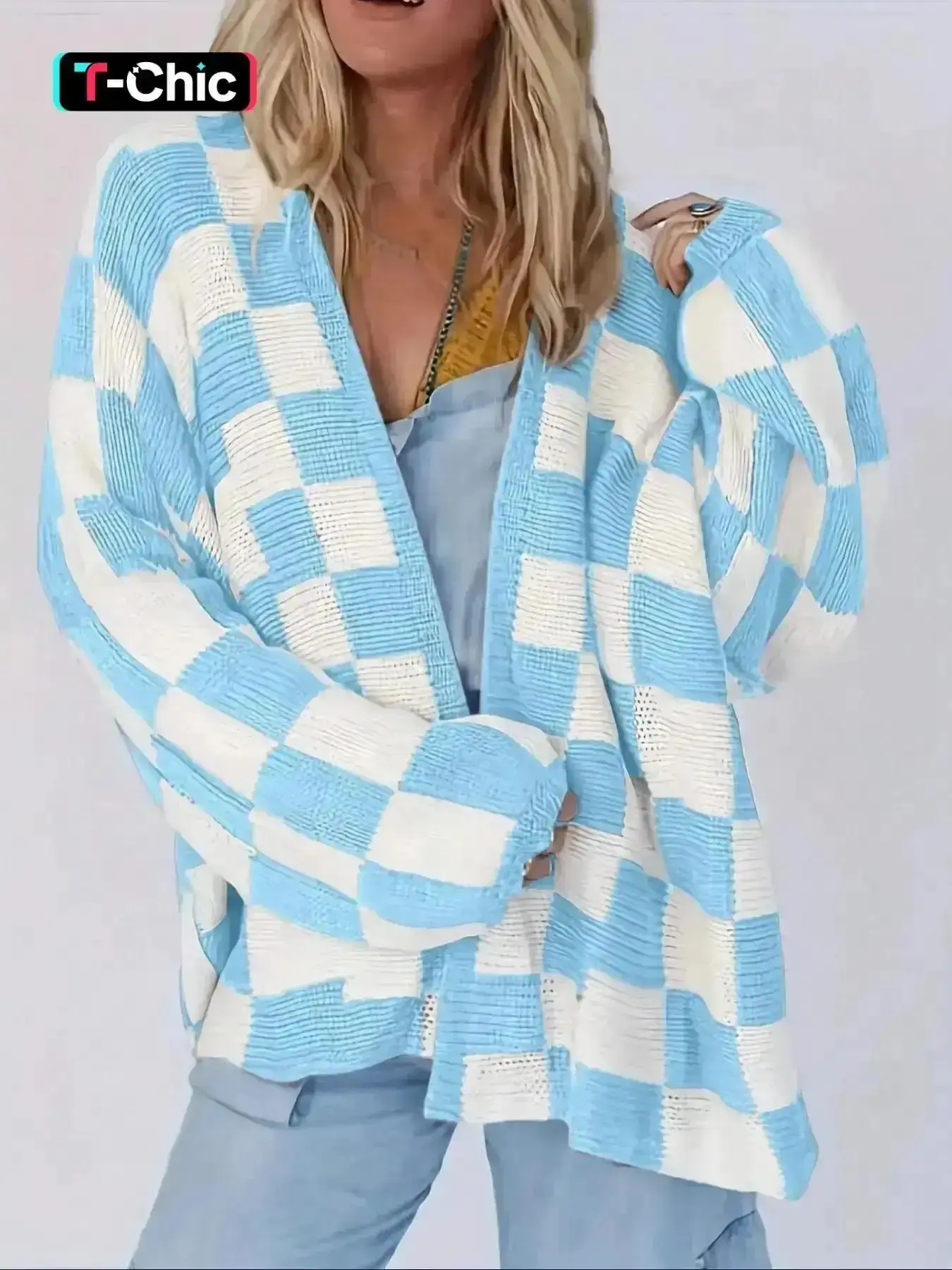 Women's Colorblock Plaid Checkerboard Loose-Fit Sweater Cardigan, Soft Comfortable Fashion Knitwear, Retro Casual Style Long Sleeve Pullover Coat, Womenswear, Everyday Essential, Wardrobe Staple, Style Essential