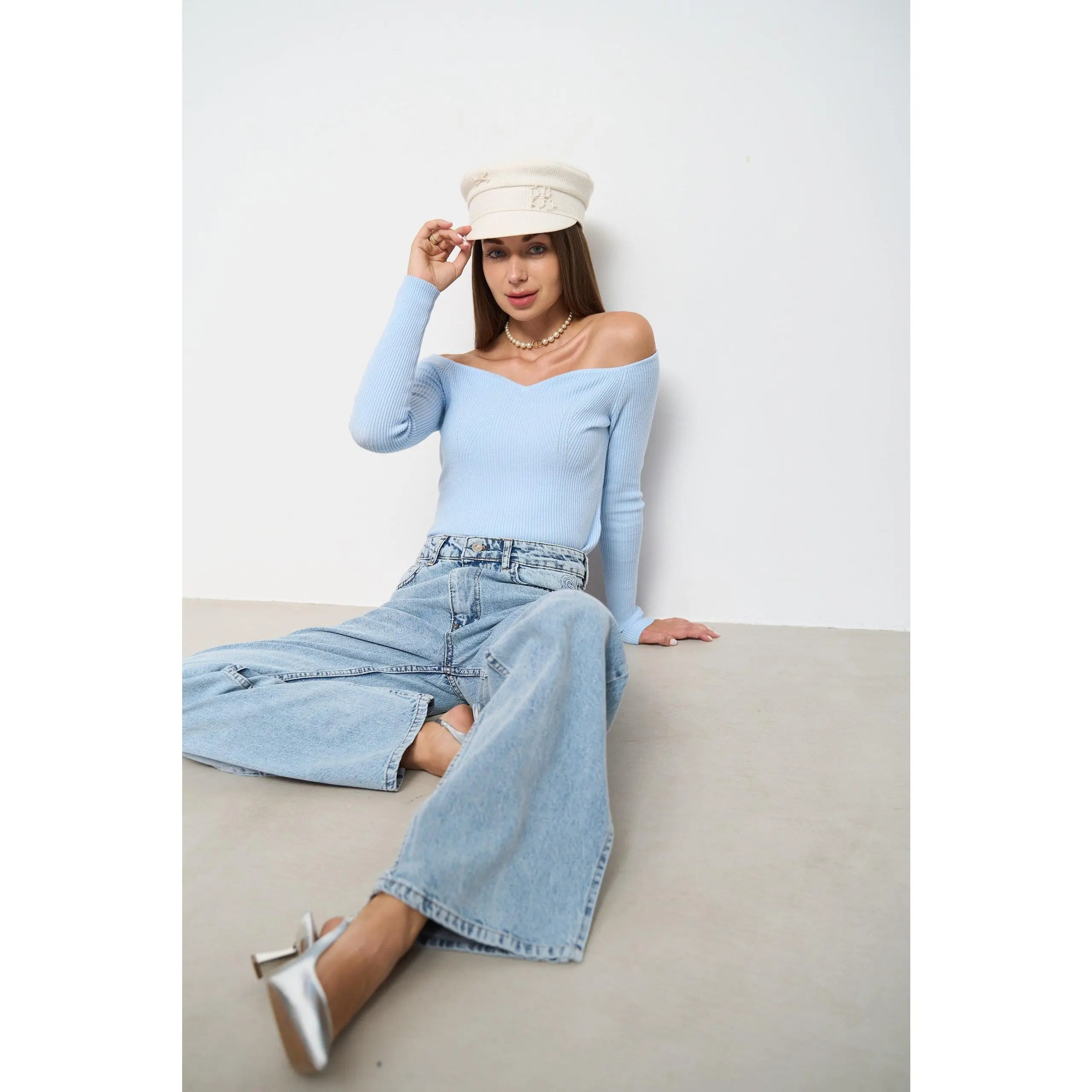 Blue Sweater with Curved Neckline