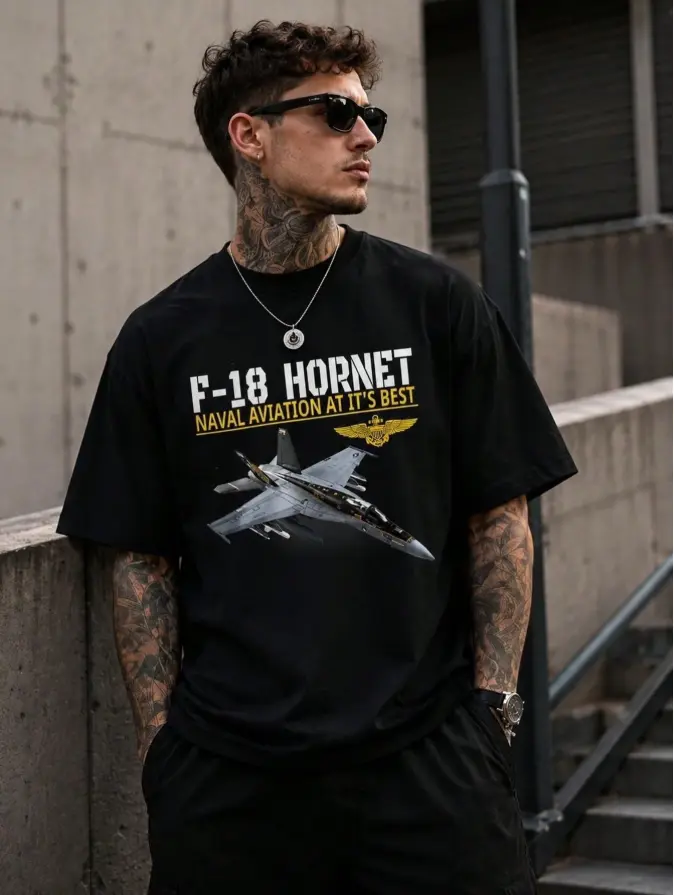 Oversized Men Tee 100% Cotton, Hornet Naval Aviation Fighter Jet Graphic Print Short Sleeve Tshirt, Military Plane Casual Streetwear Graphic Tees