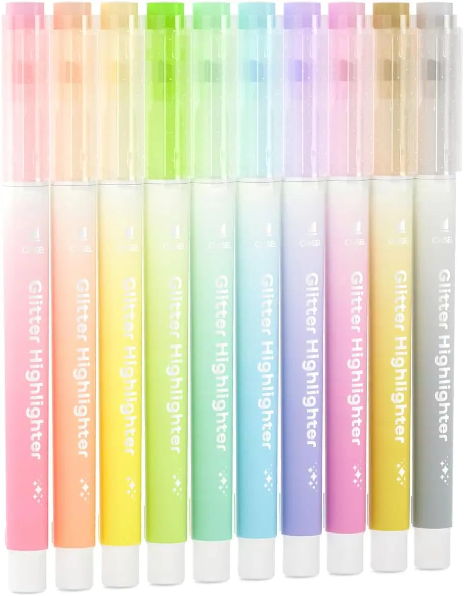 Shuttle Art Glitter Highlighters, 10 Sparkle Colors Chisel Tip Fluorescent Markers, Quick-Dry Non-Toxic Aesthetic Shimmer Highlighter Pens for Adults, Perfect for School Office Art Supplies