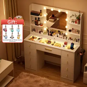 【Summervibes】Vanity Desk, Makeup Vanity Desk with Mirror and Lights, Transparent Top with RGB Drawers, 3 Shelves, Large Tempered Cabinets, Power Outlet, for Bedroom, White