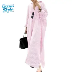 Women's Casual Long Sleeve Button Down Loose Striped Cotton Maxi Shirt Dress Grey Caftan Comfy Basic Batwing Sleeves Breathable Lightweight Beach Clothes Womenswear Bikini Elegant Fit SpringStatements