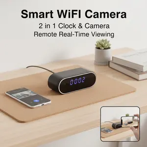 2-in-1 Alarm Clock & HD WiFi  with 16GB SD Card, Remote Viewing via WiFi & AP Hotspot, Local Recording, 2600mAh Battery Wireless Use, HD Night Vision, Motion Detection Alarm, Smart Home Device for Indoor Home Office Hotel Shop