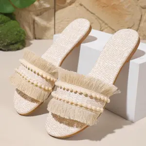 Women's Raffia Sandals Straw Woven Flats Fringe Crochet Nonslip Comfy Beach Slides for Summer