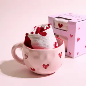 2pcs Mug & Socks Set, Pink Heart Design, Pretty Ceramic Tea Cup and Cute Girly Cotton Socks, Matcha or Coffee Drinkware Kit Birthday Gift for Her for Mom
