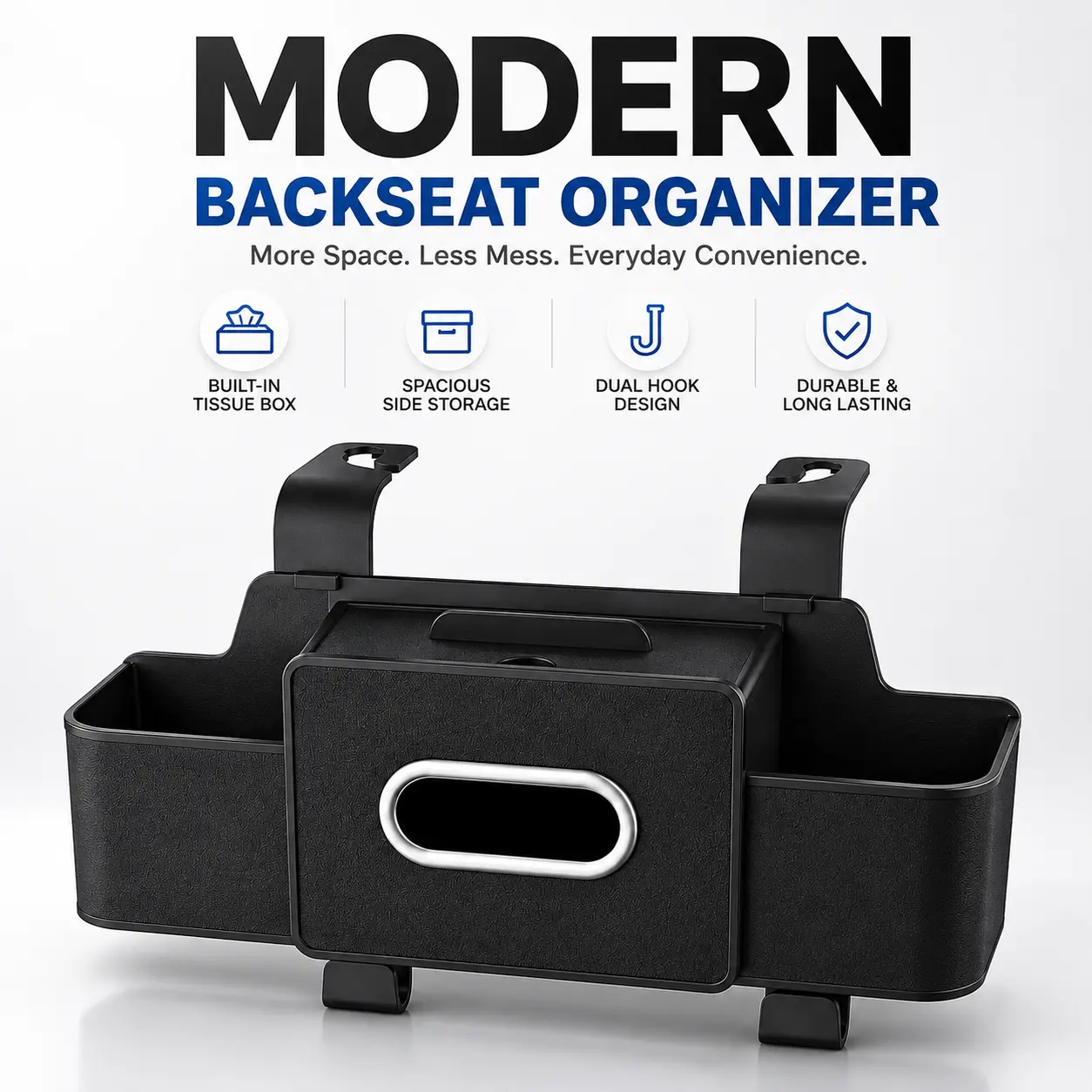 Foldable Leather/ABS Multi-Use Back Seat Organizer - Car Seat Back Storage Box with Open-Top Lid, Hook, Tissue Box, Cup Holder, Phone/Handbag Holders, Fits Most Cars