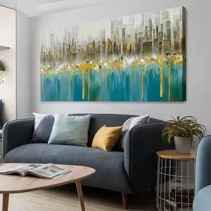 Ardemy Teal Abstract Cityscape Canvas Wall Art Modern Skyline Gold Textured Painting, Grey Buildings Large Size 32"x16" Picture Turquoise Artwork Framed for Living Room Bedroom Home Office Wall Decor