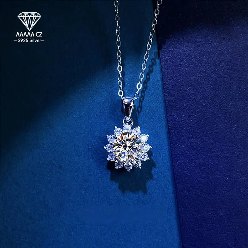 925 Silver 1Ct White 5A CZ Sun Flower Snowflake Pendant Necklace - Women's Shining Jewelry for Birthday Valentine's Teacher's Day Christmas Halloween New Year | Daily Vacation Party Wedding