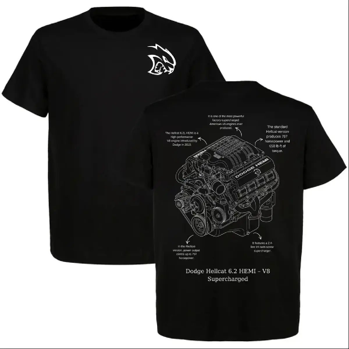 D.Hellcat 6.2 HEMI T-Shirt, V8 Supercharged Engine Graphic Tee, American Muscle Car Shirt