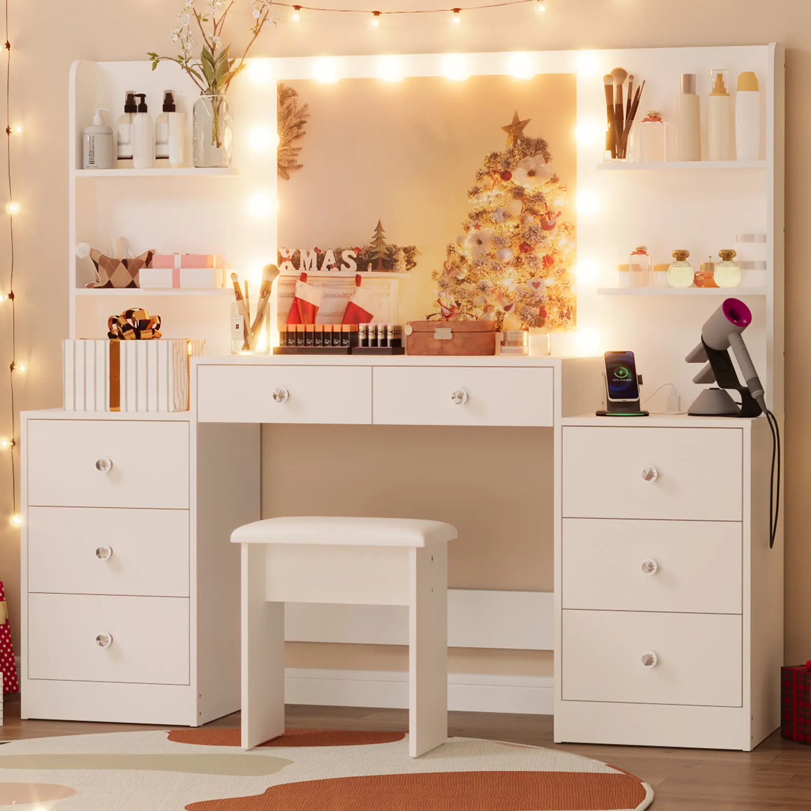 VOWNER Modern 54'' Tall Makeup Vanity Desk with Lighted Mirror and Sturdy Stool,Makeup Table Sets with Drawers and Shelves Furniture Organizing