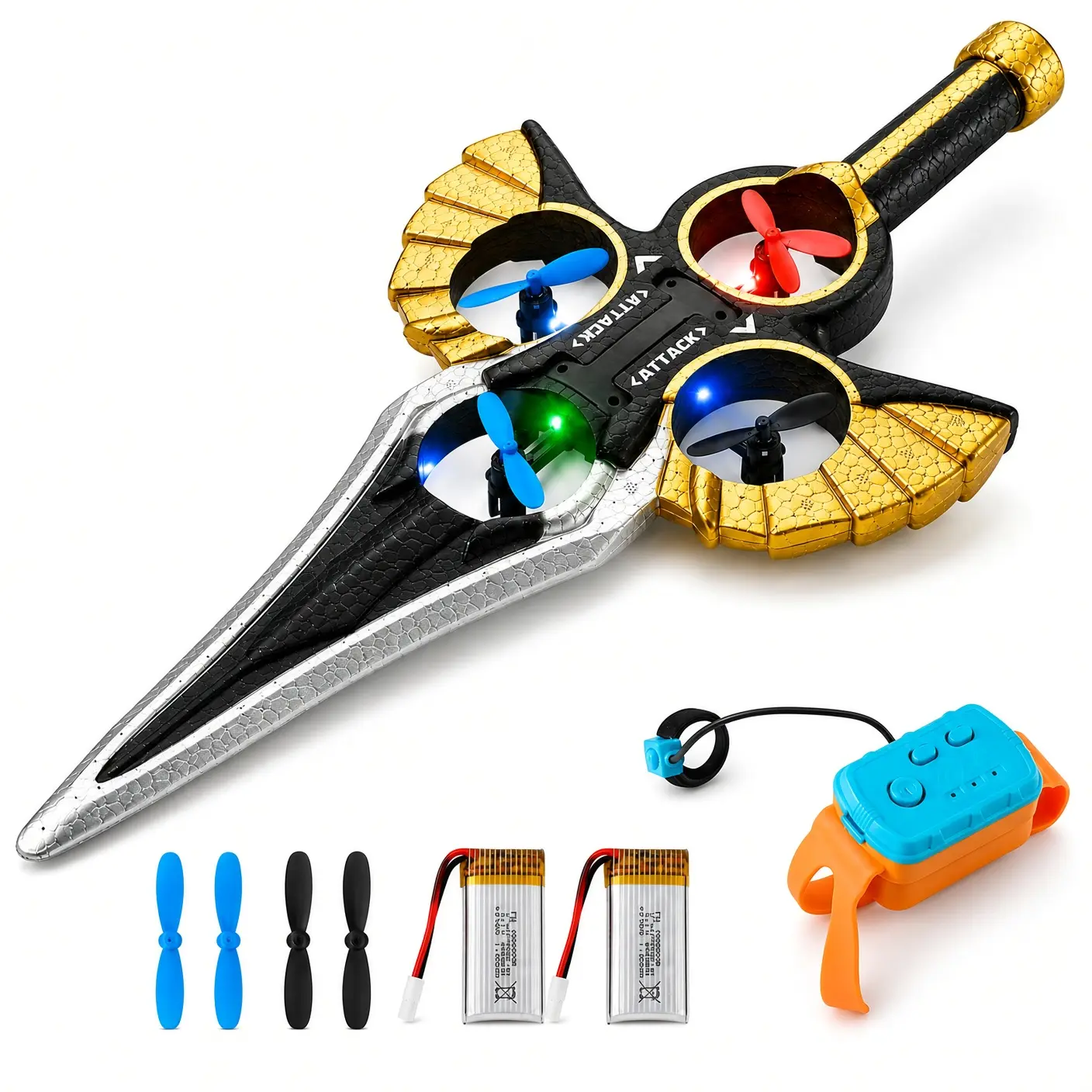 Gesture Sensing Hand Operated Sword Drone, Wrist Watch Remote Control Quadcopter with LED Lights & 360° Flips, Altitude Hold Indoor Flying Toy with 2 Batteries