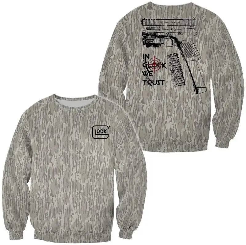 In Glock We Trust Standard Camo T-Shirt, Sweatshirt, Hoodie with Tree Print, Long Sleeve Outdoor Hunting Pullover Hooded, Soft & Durable Camouflage Sweatshirt, Gift for Men, Gift for Her