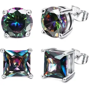 GEMQUEEN 2 Pairs Classic Stud Earrings Set • Solid Sterling Silver Round & Square Rainbow Quartz Studs • Hypoallergenic Unisex Daily Jewelry summerwins