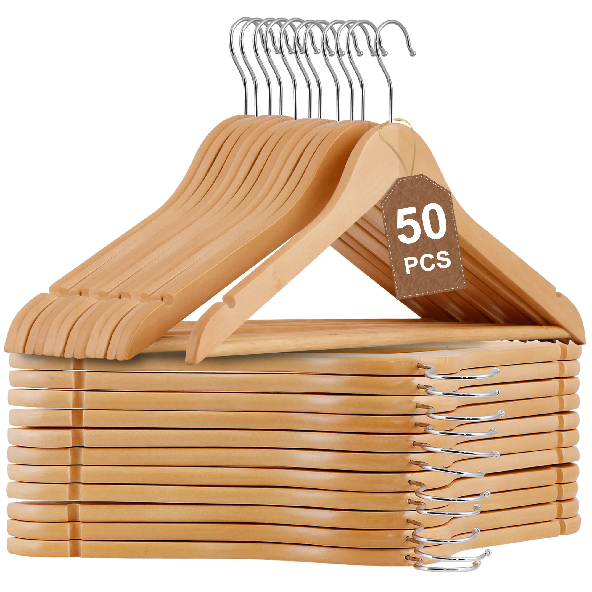 Zeny 50-Pack Bulk Natural Maple Wooden Hangers, Curved Design Multifunctional Clothes Hangers with Contoured Shoulders, 360° Swivel Metal Hook, 11lbs Capacity for Adult Coats, Shirts & Yoga Pants, Curved Design Hanger, Multifunctional Clothes Hanger,summe
