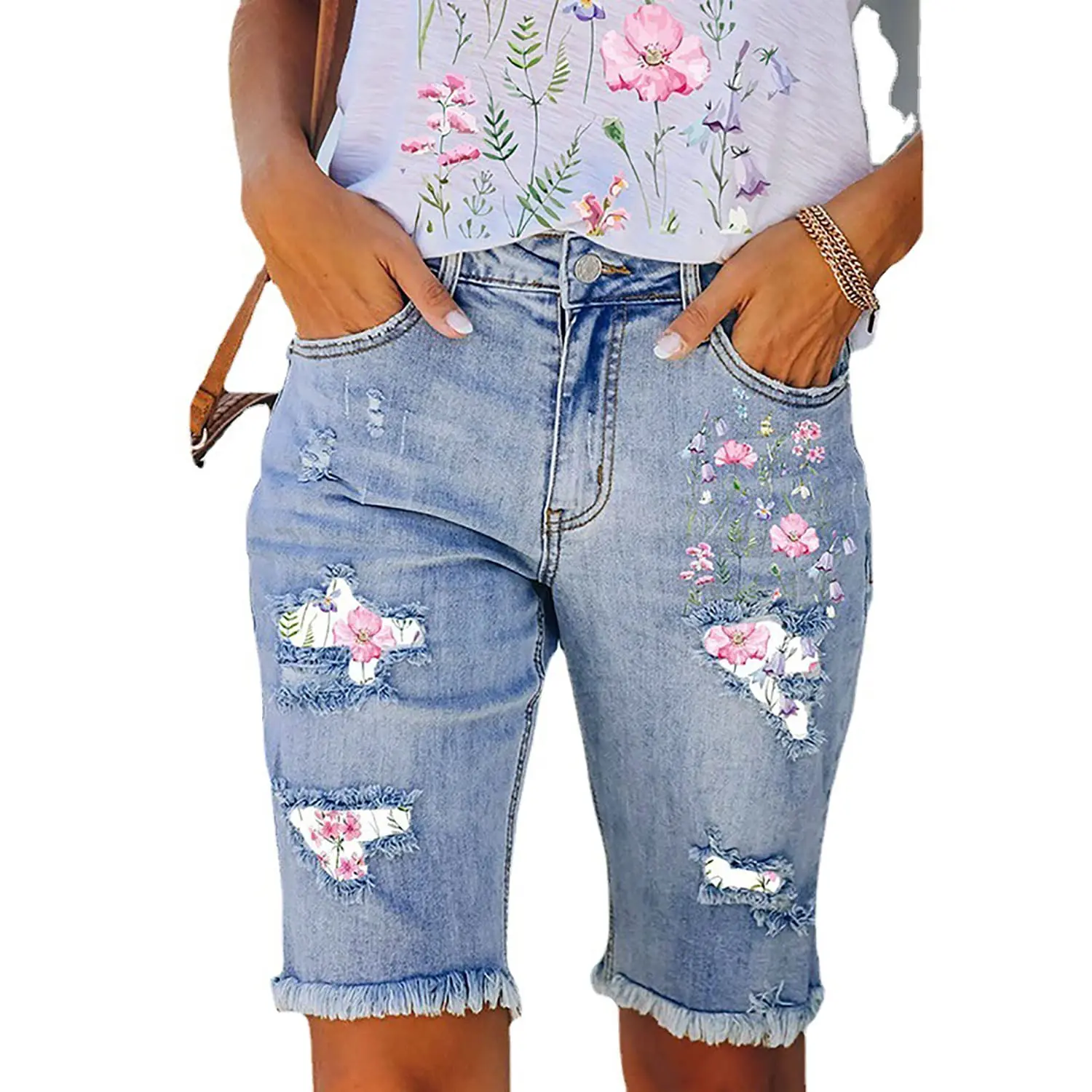Women Bermuda Denim Jorts High Waisted Stretch Light Wash Straight Knee Length Shorts Floral Embroidery Ripped Floral Patch Frayed Hem Flattering For Pear Curvy Petite Summer Boho Vacation Shorts