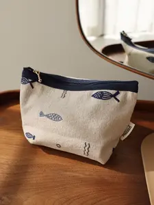 Japanese Style Fish Embroidery Makeup Bag, Portable Embroidered Travel Organizer with Zipper, Travel Cosmetic Bags, Ethnic Pattern Inner Pocket, Handmade Cosmetic Pouch, Cosmetic Storage Bag