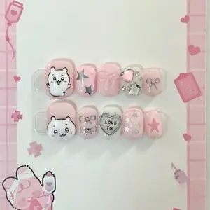 Cr0Chiikawa-aa Pink Kawaii Press On Nails | Handmade 3D Character Nails | Heart Star Bow Nail Art | Cute Pastel Luxury Almond Press-On Nails with Gift Set (Adhesive Tabs, Nail File, Cuticle Stick)