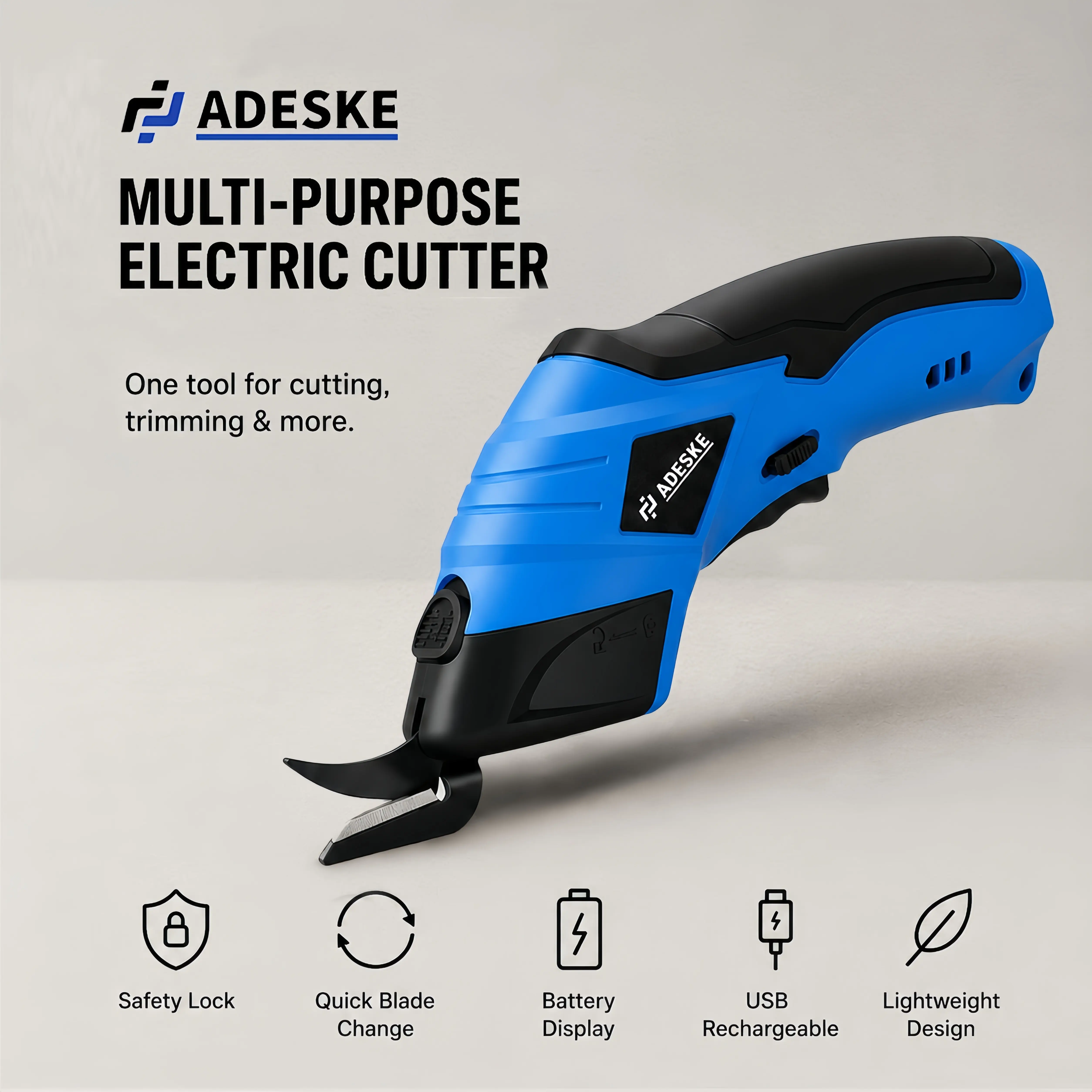 ADESKE Cordless Electric Scissors—suitable for cutting cardboard, carpet, plastic, and fabric; features tungsten carbide blades for effortless cutting; an ideal tool for home DIY projects.