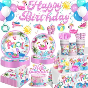Xynic pool party decorations, 207 PCS Pool Party Birthday Decorations Set with Plates, Cups, Napkins, Serves 25, 2 Tablecloths, Banner, Balloon, Summer Poo