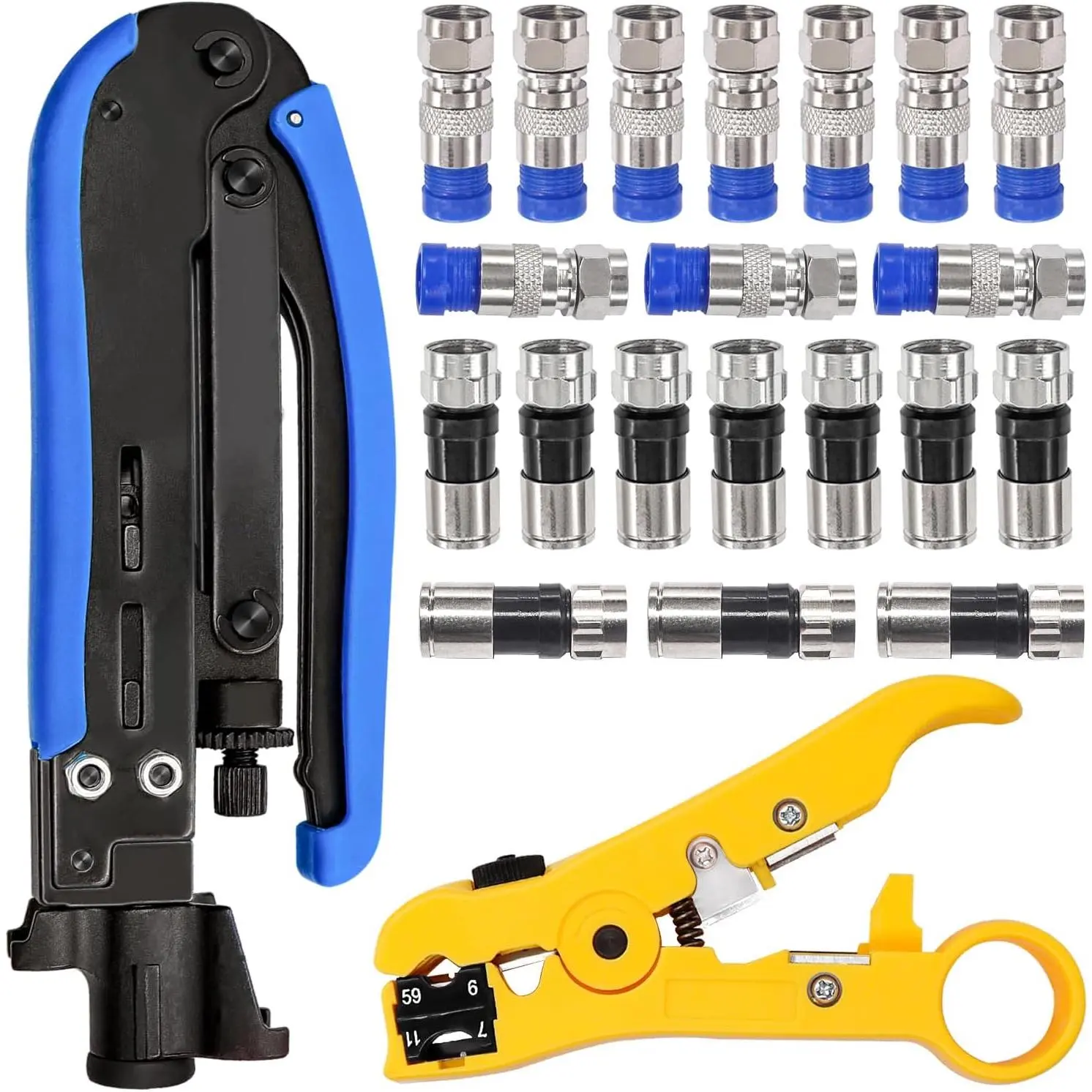 Coaxial cable crimping tool set, includes 20 F-type RG6 connectors, adjustable RG6 RG59 RG11 75-5 75-7 coaxial cable stripper, coaxial cable crimping tool set